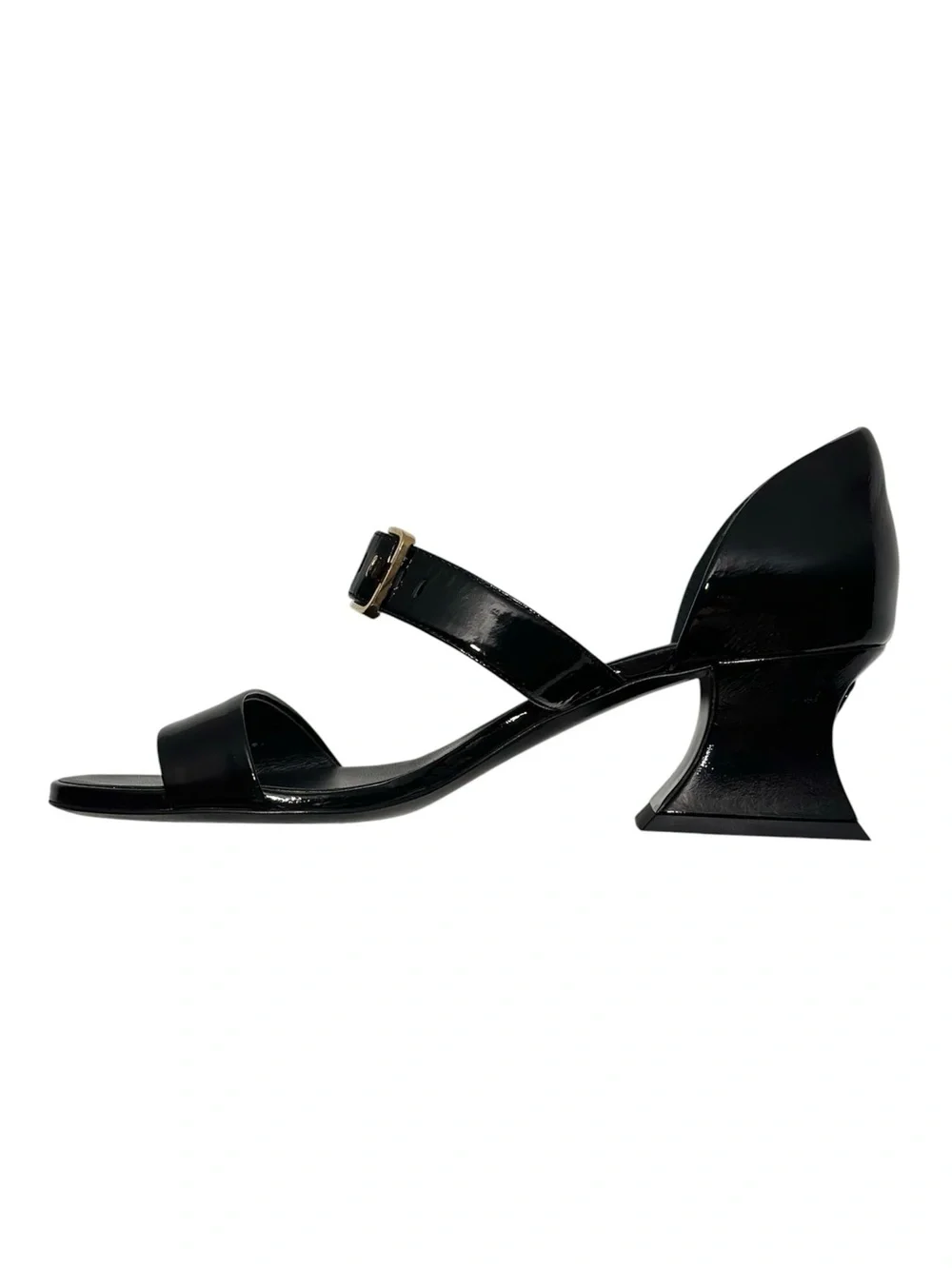 CHANEL Black Patent Goatskin 2022 22S Curved Block Heel Sandal size 36 Authentic